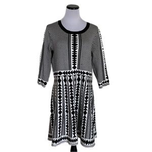 Nina Leonard SZ 1X Black/White Geometric Print Fit & Flare Sweater Dress | NWOT